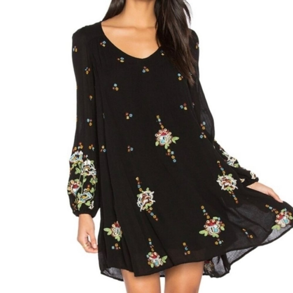 Free People Boho Embroidered Black Festival Mini Dress